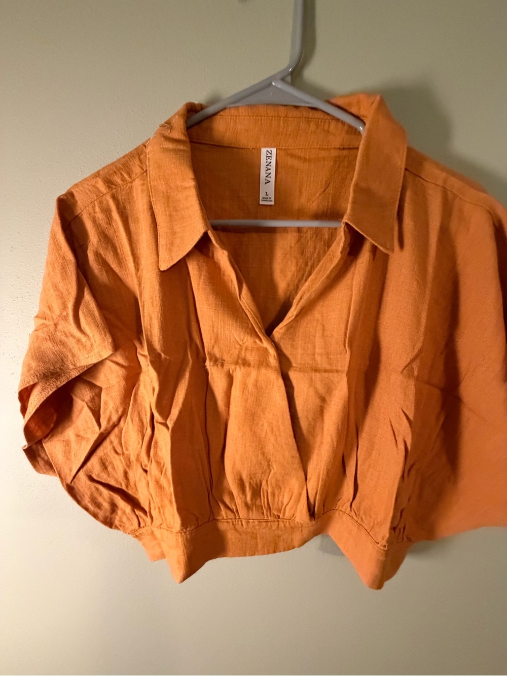 Zenana Outfitters Orange Cropped Button-Down Linen-Blend Top